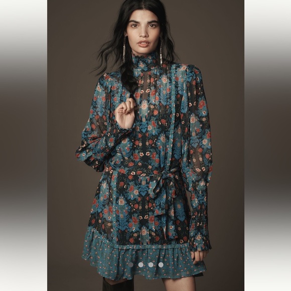 🎊LAST ONE🎊Anthropologie NWT Farm Rio Arabesque Floral  High-Neck Mini Dress S. - Picture 3 of 13